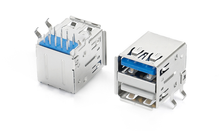 雙層USB3.0 90度 DIP 304外殼鍍鎳 全PA66上3.0（藍）+下3.0（白） UBF18L-6SAN-C8P3