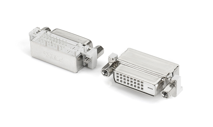 DVI24+1 B款白色叉鎖5.97鐵,帶四腳屏蔽殼打DC, 平魚叉 VBF25L-92SN-H11P4