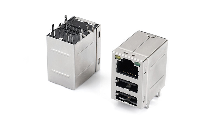 RJ+雙層USB2.0 DIP 帶燈(左黃右綠) RUC16L-21SN-21P0